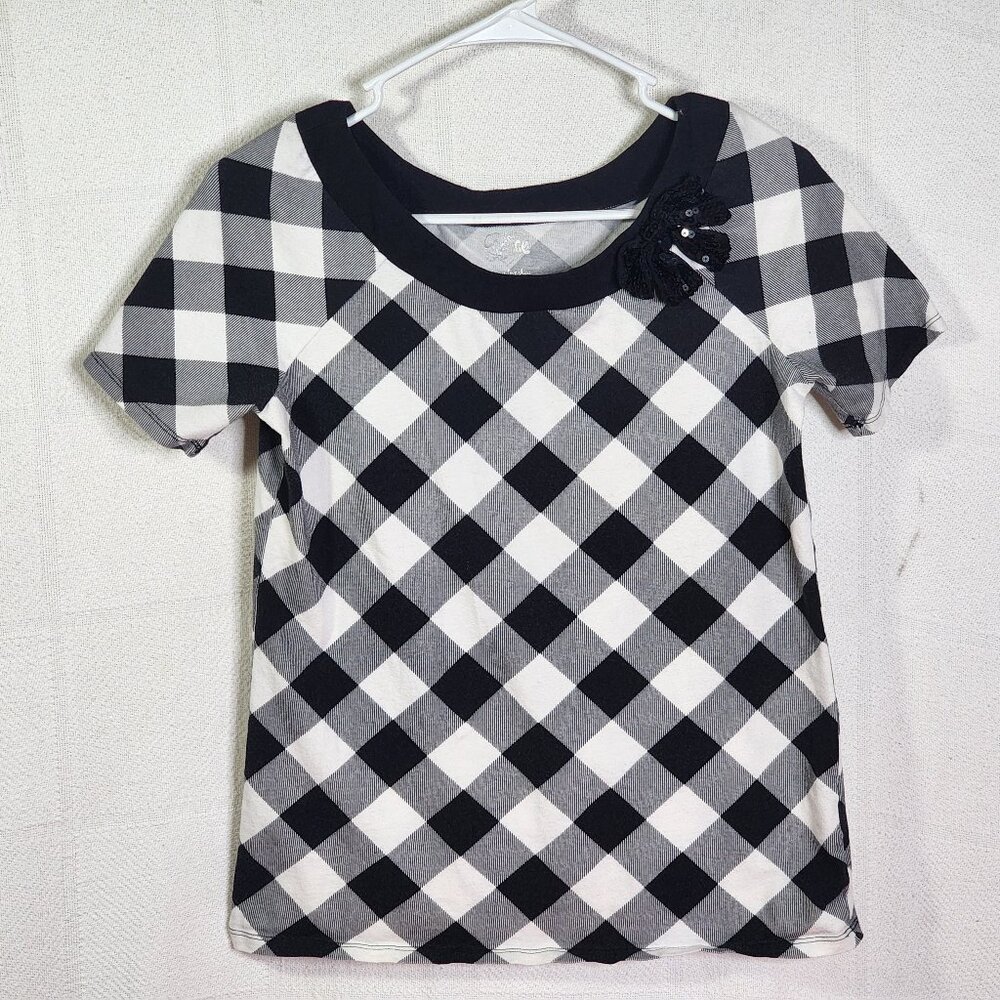 Justice Black White Check SS Black Sequin Bow Neckline Cotton Span Top Size 18 - Picture 1 of 16